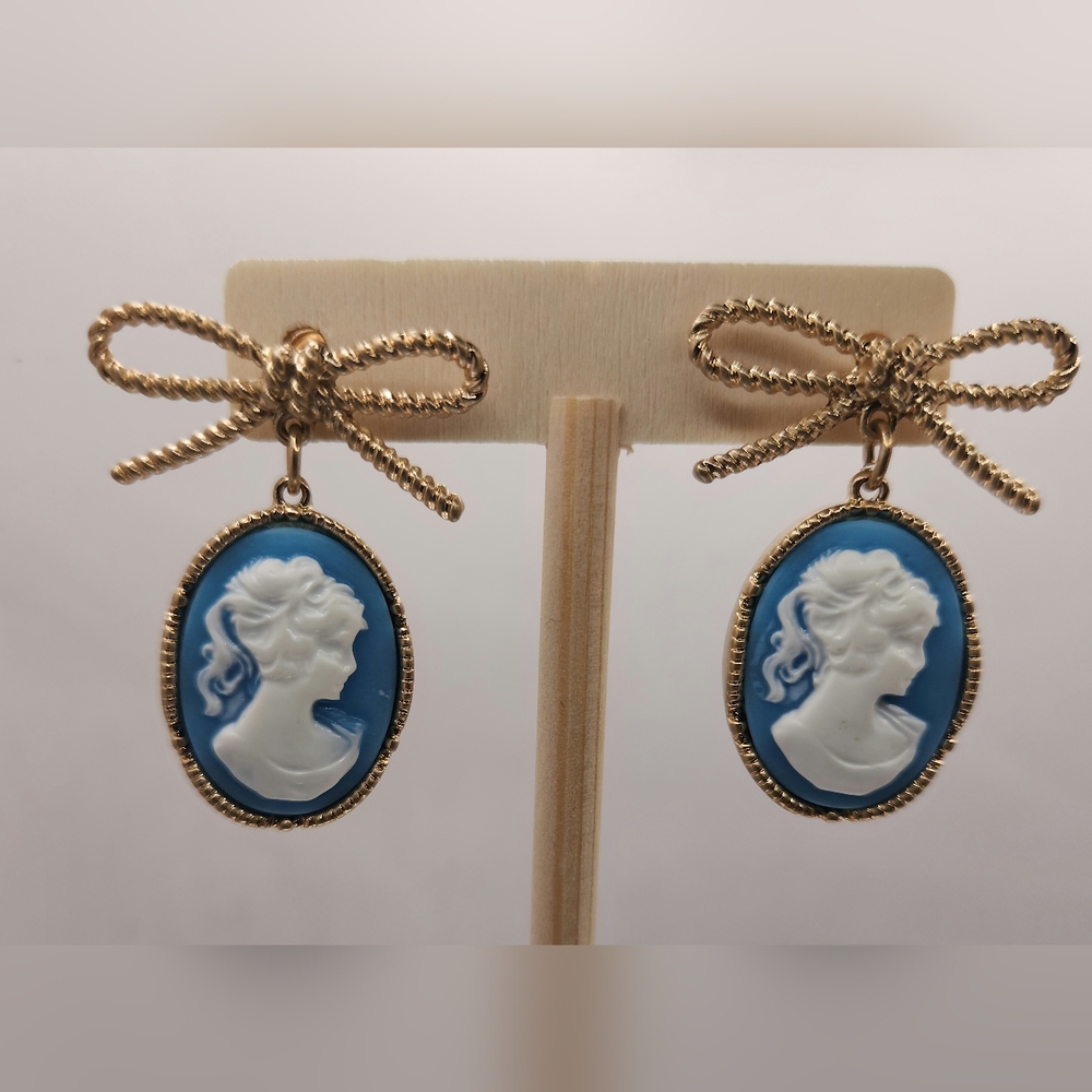 Cameo and Bow Drop Earrings in Wedgewood Blue